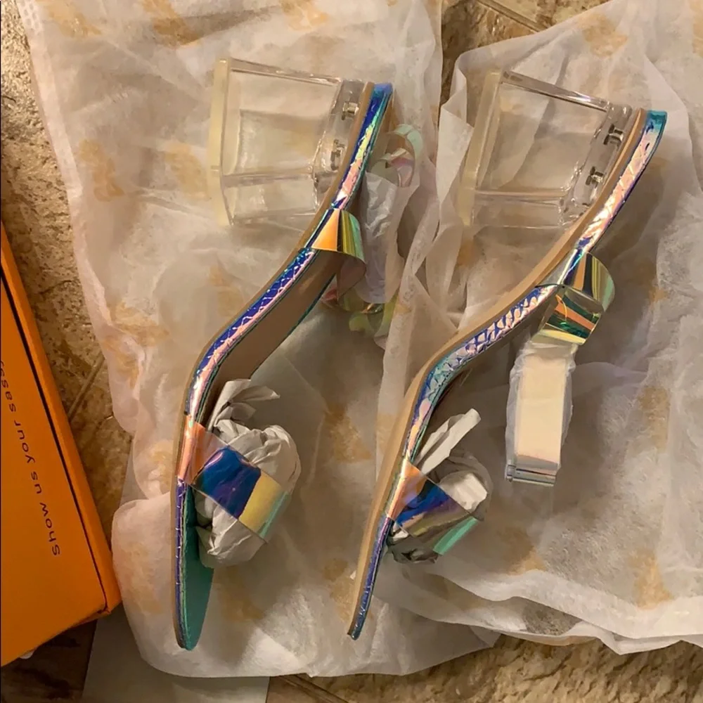 Public Desire Iridescent Holographic Strap Block Heel Sandals